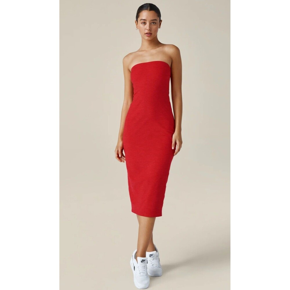 Beyond Yoga Red Midi Dress Small Built In Shelf Bra Athleisure Stretch Active
